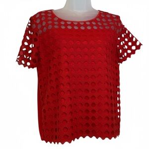 🪣🧽 Tory Burch Red Linen Blend Guipure Lace Overlay Top Size S